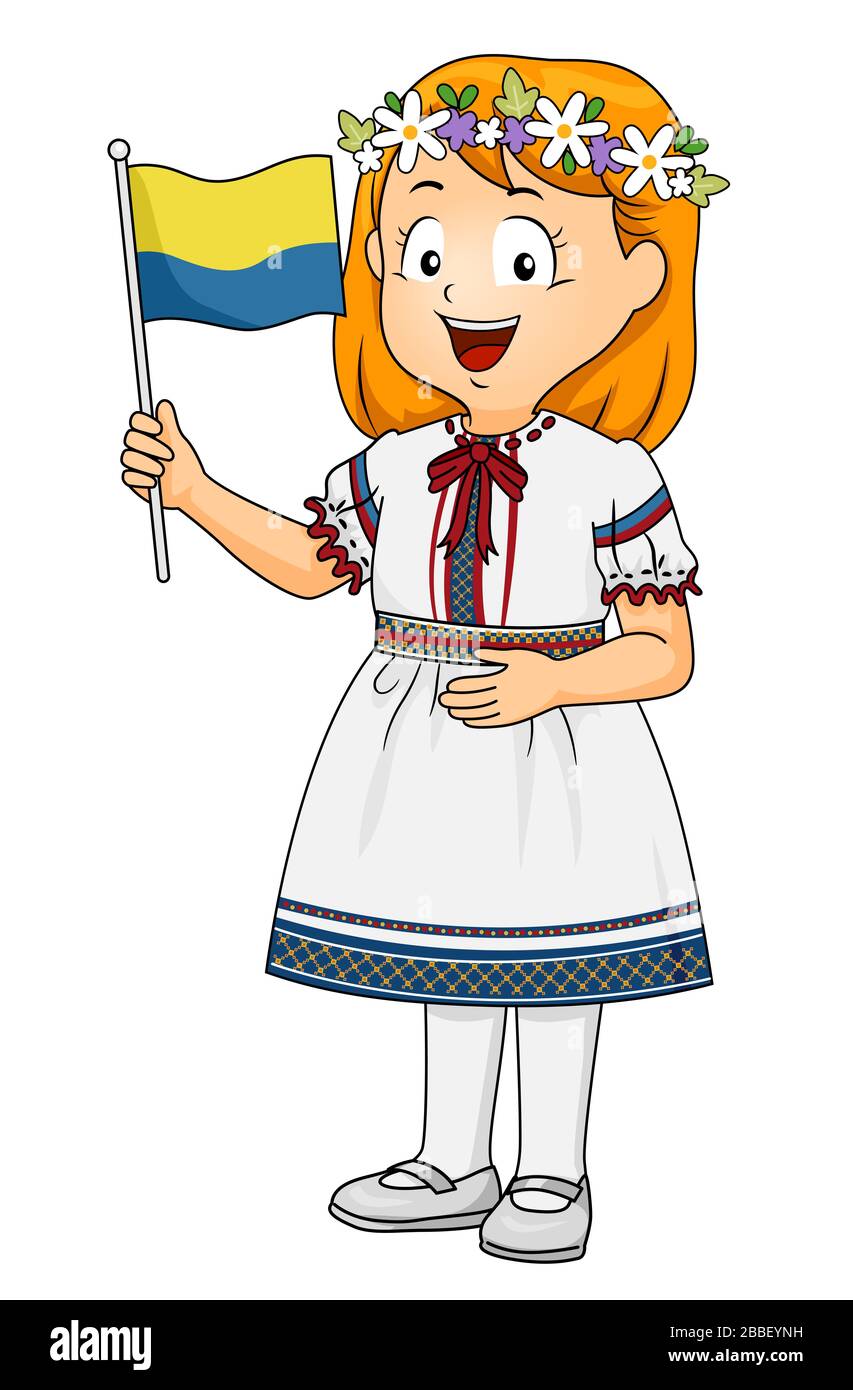 Illustrazione di una ragazza del capretto che indossa vestito tradizionale dell'Ucraina e che tiene la bandiera dell'asta dell'Ucraina Foto Stock
