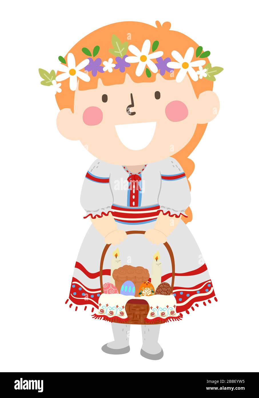 Illustrazione di una ragazza capretto Ucraina che indossa vestito tradizionale e corona floreale che tiene un cestino di Pasqua con molte uova di Pasqua e due candele Foto Stock