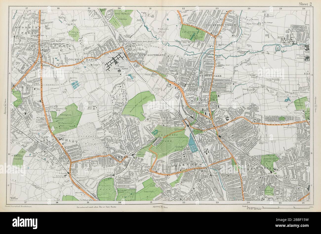 FRIERN BARNET/HORNSEY Palmers/Wood Green Southgate Muswell Hill. PANCETTA 1913 mappa Foto Stock