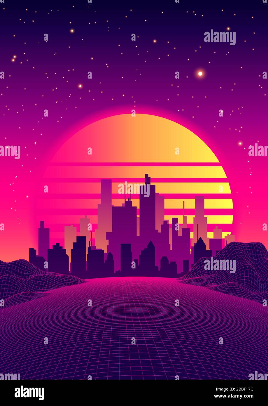 Retro Neon Poster in 80s Sci-Fi Style. Città futuristica e fantastico paesaggio su Digital retro Landscape Cyber Surface. 80s Party background. Retro 80s Fashion Sci-Fi sfondo paesaggio. Illustrazione Vettoriale