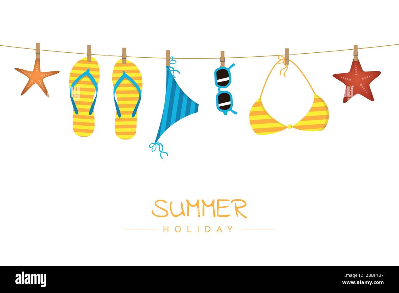 Vacanze estive infradito a righe bikini e occhiali da sole appendono su una corda vettore illustrazione EPS10 Illustrazione Vettoriale