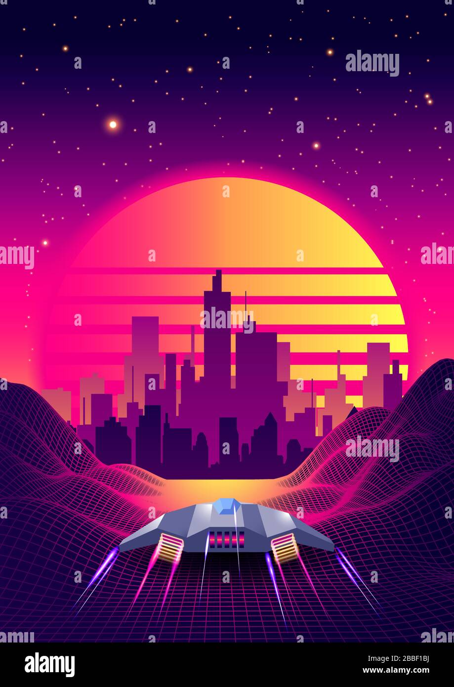 Arcade Space Ship volare al tramonto. Retro 80s Fashion Sci-Fi sfondo paesaggio. Digital retro cityscape Sci-Fi Summer Landscape con 3D Mountains, 80s Style Synthwave o Retrowave illustrazione. Illustrazione Vettoriale