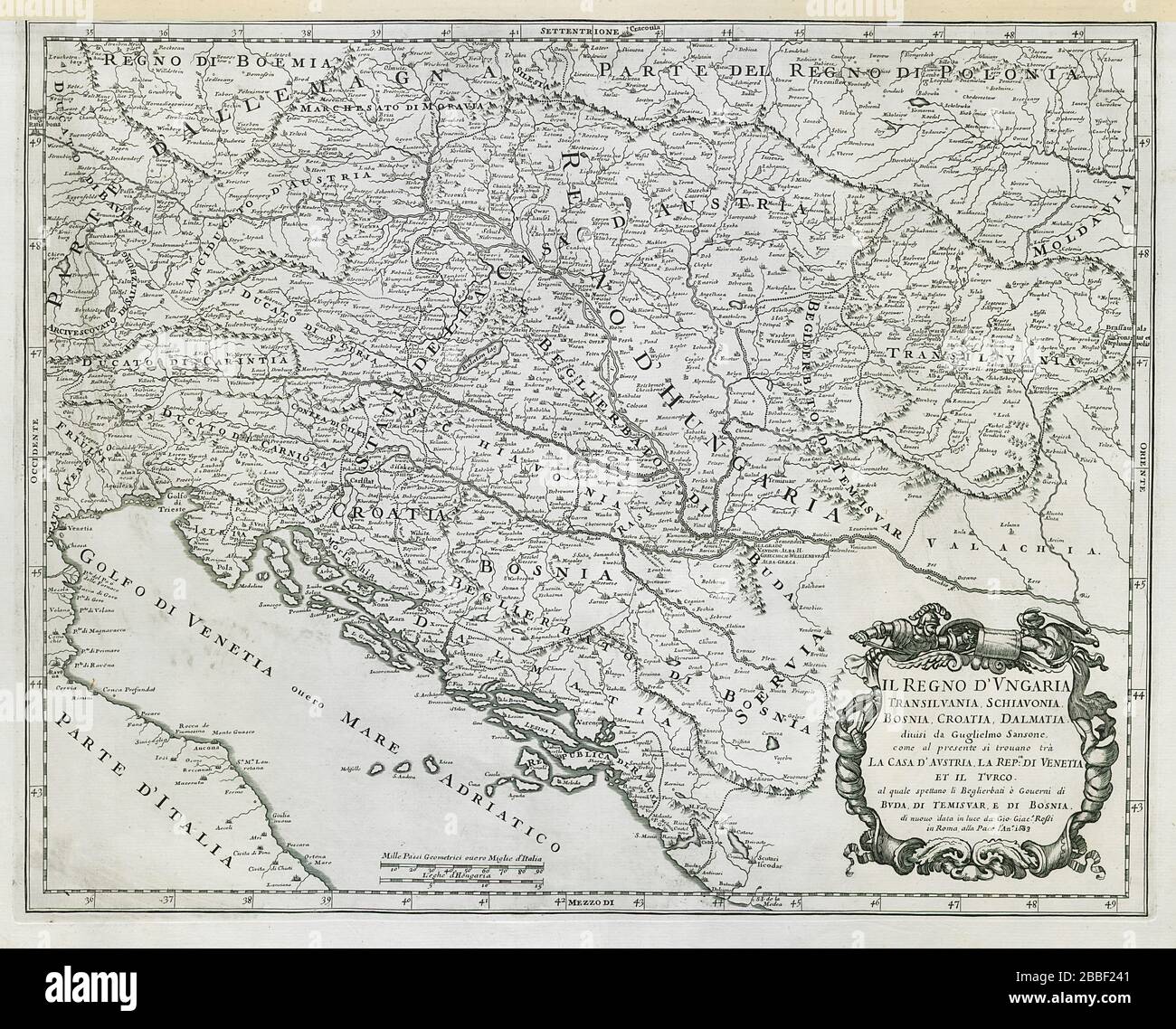 Il Regno d'Ungaria, Transilvania… Bosnia, Croazia… MAPPA DE ROSSI / SANSON 1683 Foto Stock