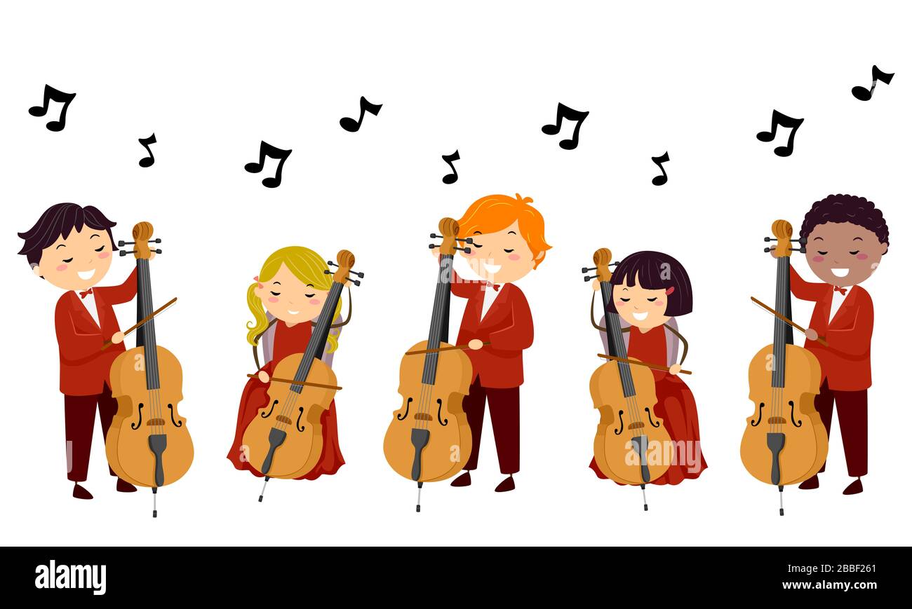 Illustrazione di Stickman Kids in Red Playing the Cello with Music Notes fluttuante sopra Foto Stock