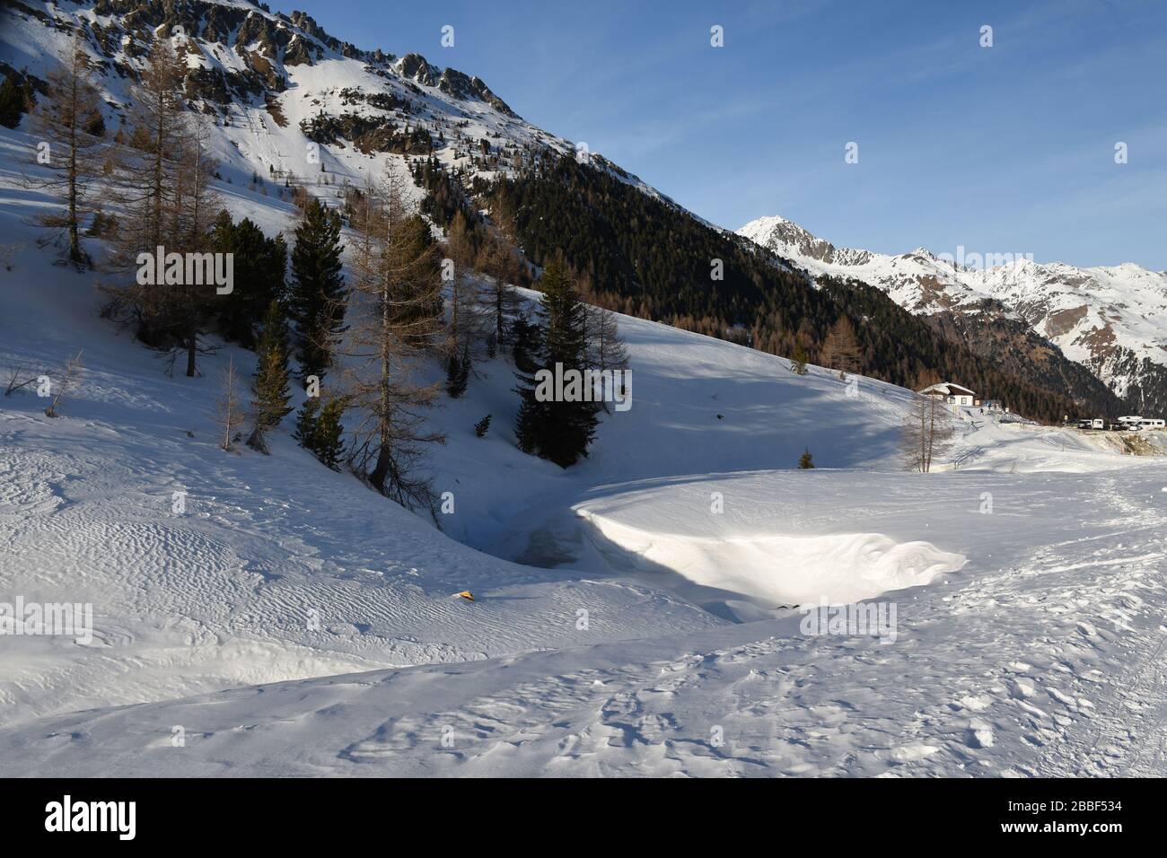 Staller Sattel, Osttirol, Tirol, Inverno, Jahreszeit, Schnee, EIS, Schneedecke, Wald, Alpen, Villgrater Berge, Defereggen, Deferegger Alpen, Grenze, ÖS Foto Stock