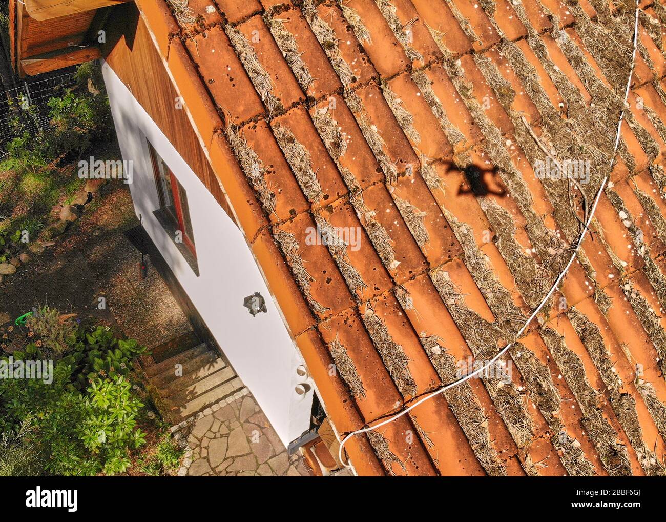Ispezione delle mattonelle rosse del tetto di una casa di famiglia con un drone, foto aerea Foto Stock