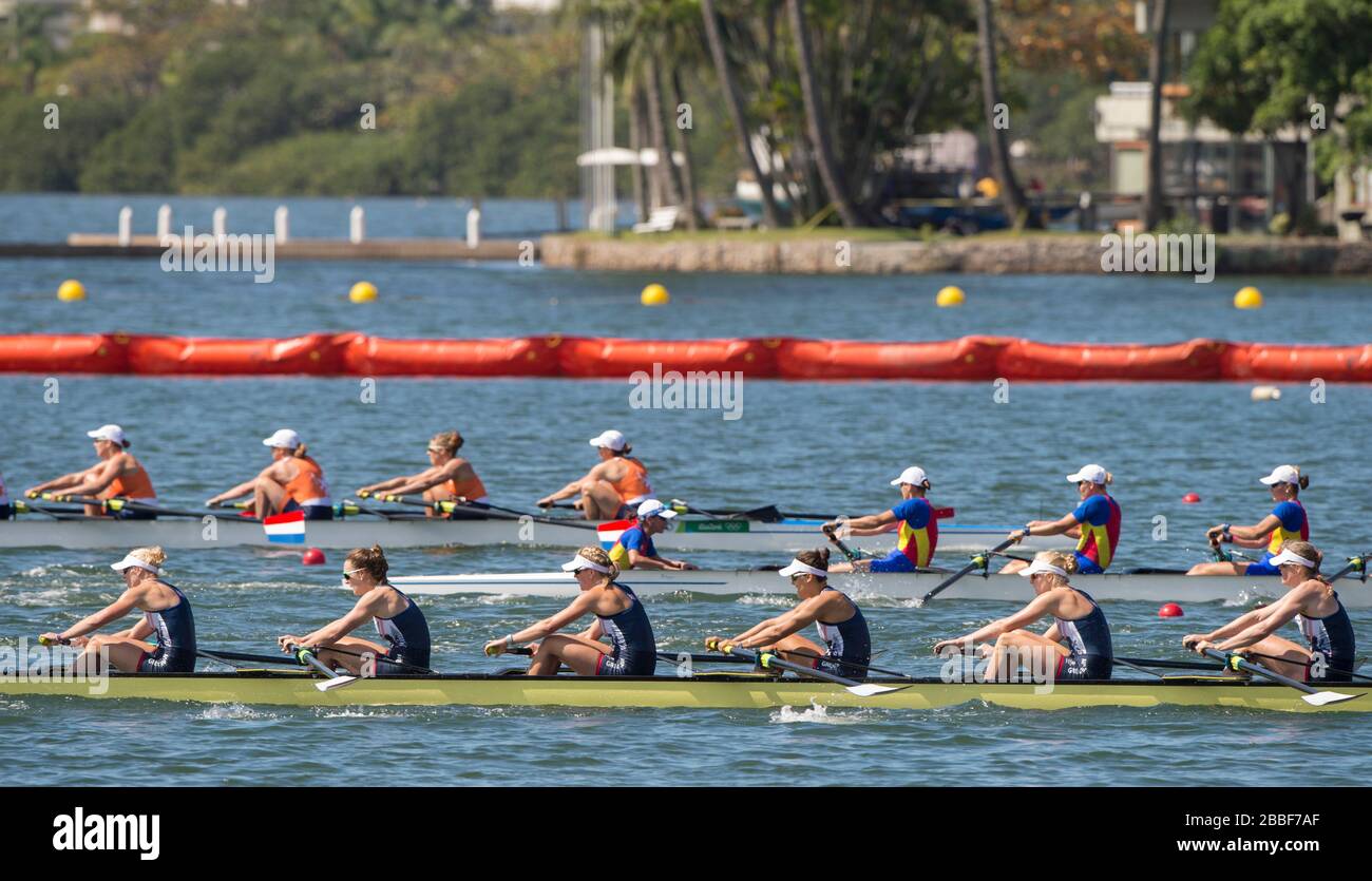 Rio de Janeiro. BRASILE Eights donna finale. Silver Medalist GBR W8+. Arco. Katie GREVES, Melanie WILSON, Frances HOUGHTON, Polly SWANN, Jessica EDDIE, Olivia CARNEGIE-BROWN, Karen BENNETT, Zoe LEE e Zoe DE TOLEDO, regata olimpica 2016. Lagoa Stadium, Copacabana, "Olympic Summer Games" Rodrigo de Freitas Lagoon, Lagoa. Ora locale 11:11:43 Sabato 13/08/2016 [credito obbligatorio; Peter SPURRIER/Intersport Images] Foto Stock