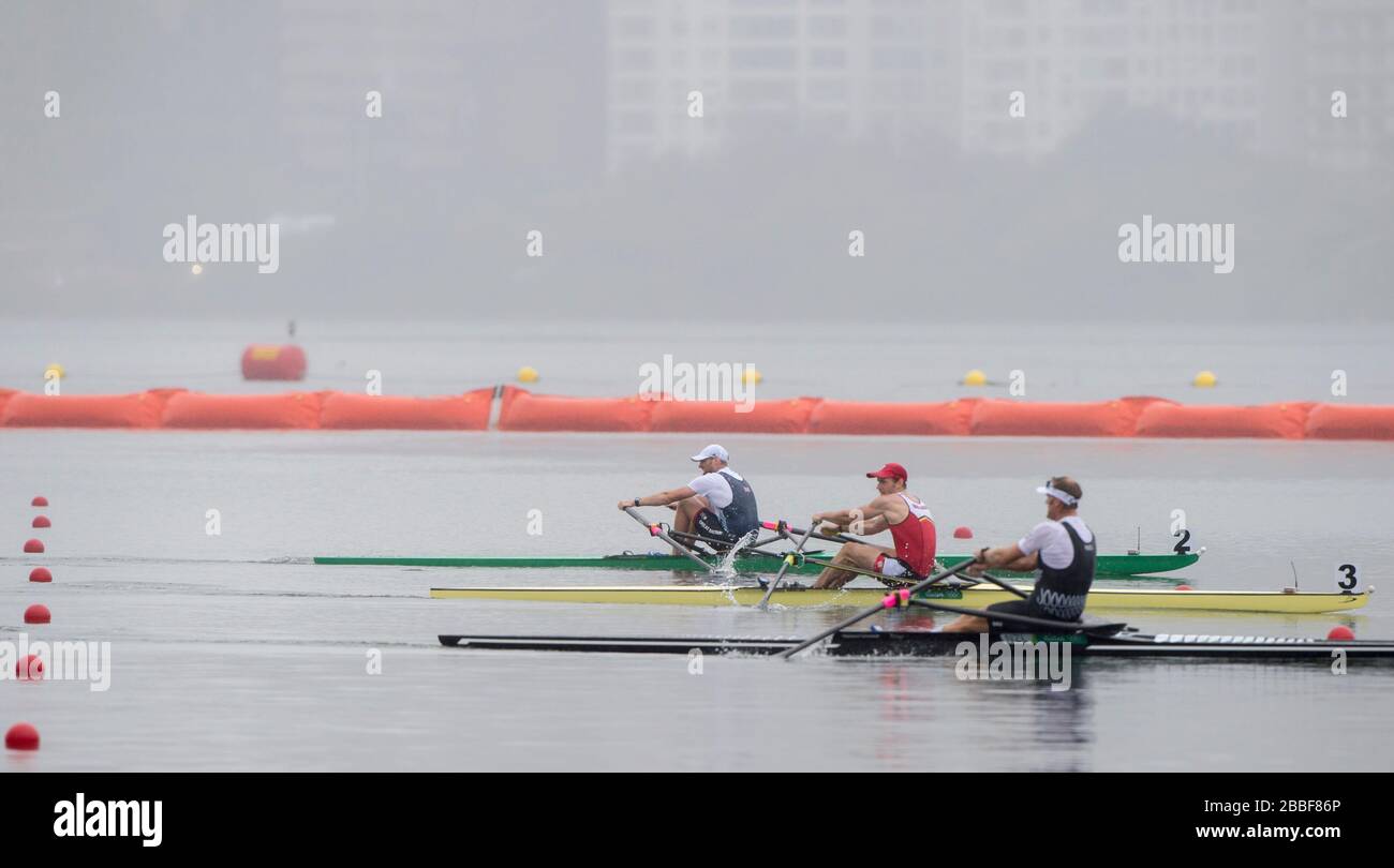 Rio de Janeiro. BRASILE. 2016 Scolpisci singoli semi-finali A/B da sinistra a destra. NZL M1X, Mahe DRYSDALE, bel M1X, Hannes OBRENO e Alan CAMPBELL Olympic Rowing Regatta. Lagoa Stadium, Copacabana, "Olympic Summer Games" Rodrigo de Freitas Lagoon, Lagoa. Venerdì 12/08/2016 [credito obbligatorio; Peter SPURRIER/Intersport Images] Foto Stock