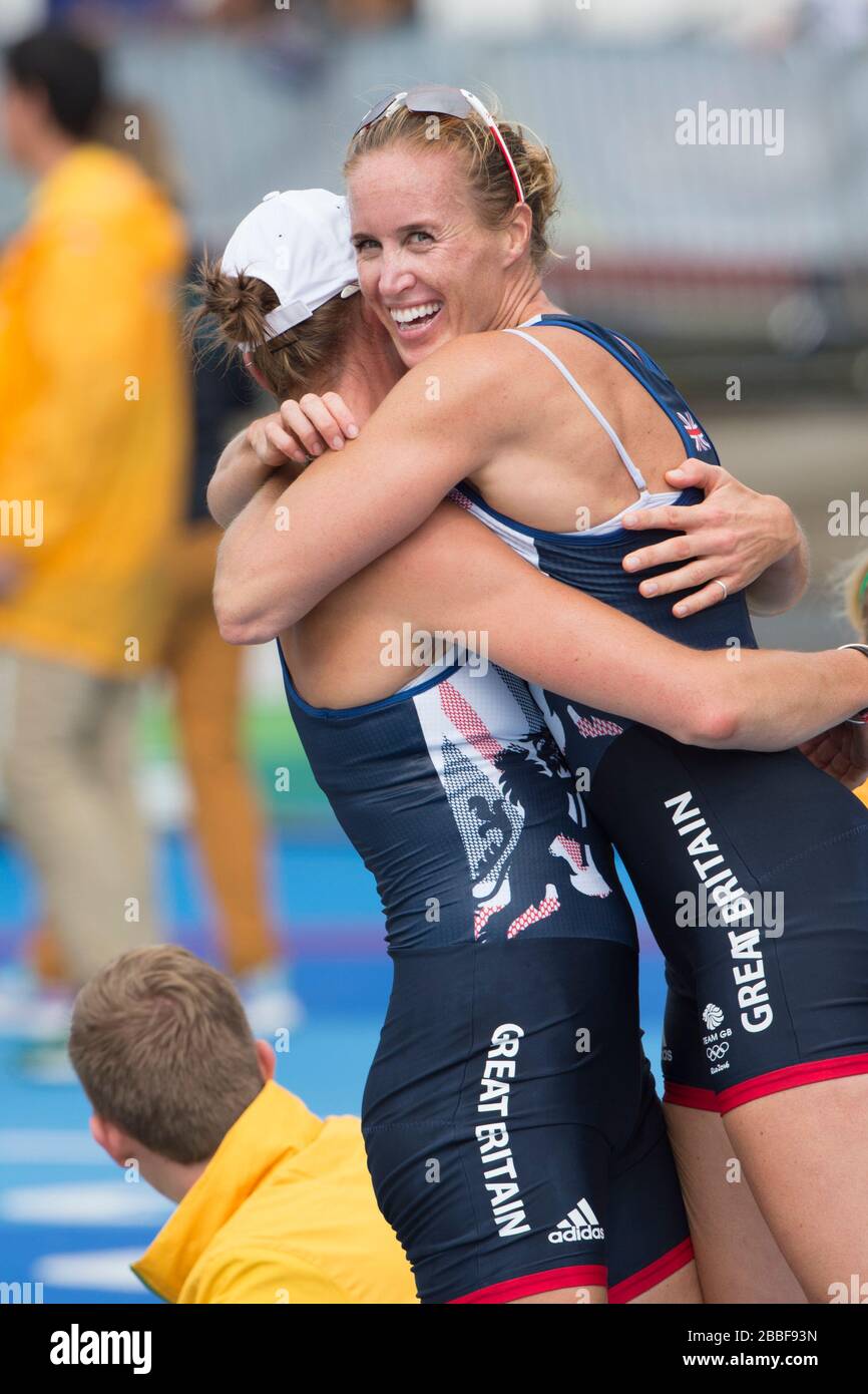 Rio de Janeiro. BRASILE. Medaglia d'oro GBR W2-. Fiocco Donna coppia, Bow. Helen GLOVER and Heather STANNING, 2016 Olympic Rowing Regatta. Lagoa Stadium, Copacabana, "Olympic Summer Games" Rodrigo de Freitas Lagoon, Lagoa. Ora locale 11:16:15 Venerdì 12/08/2016 [credito obbligatorio; Peter SPURRIER/Intersport Images] Foto Stock