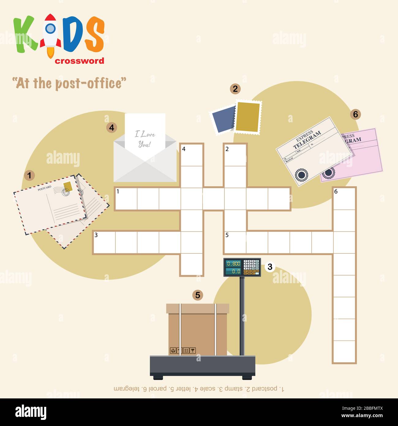 Semplice puzzle cruciverba "presso l'ufficio postale", per i bambini della scuola elementare e media. Modo divertente per esercitarsi nella comprensione del linguaggio Illustrazione Vettoriale