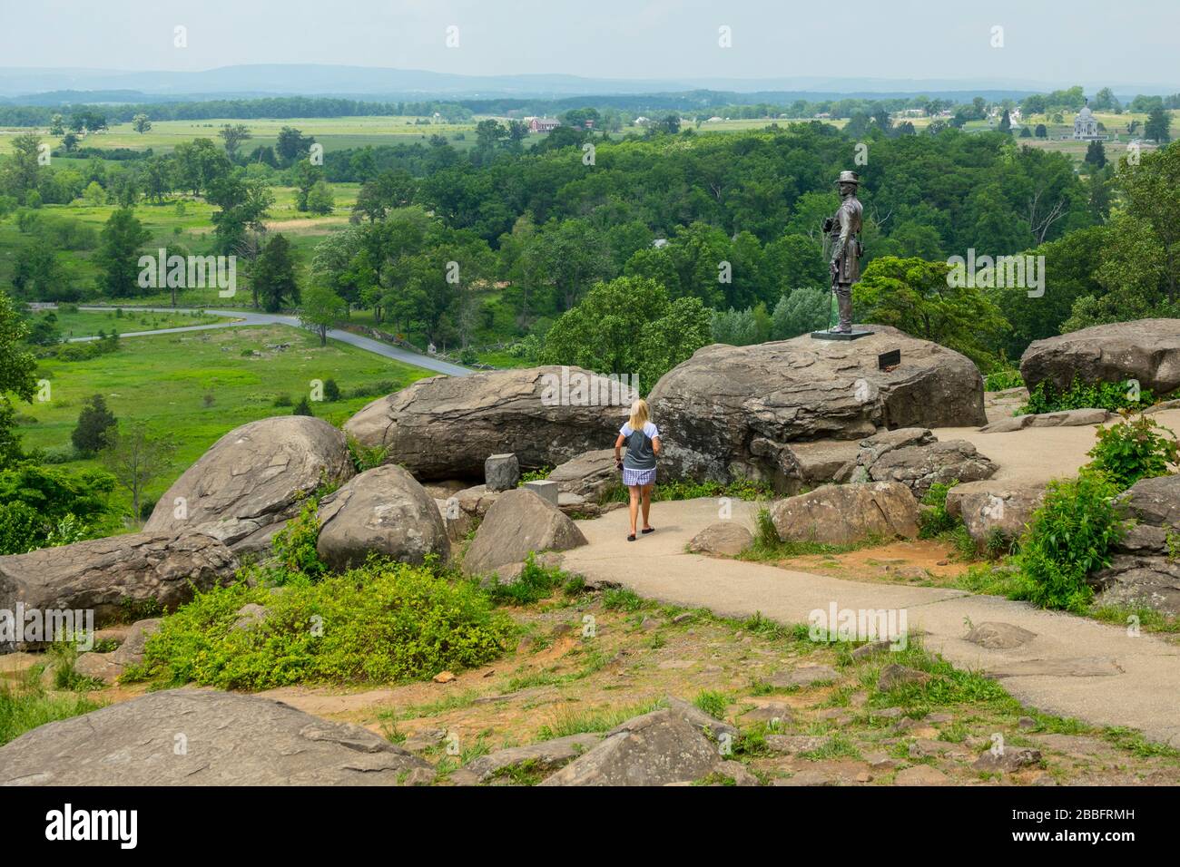Ritratto Statua del generale Gouverneur K. Warren su Little Round Top alla Valley of Death Gettysburg National Civil War Battlefield Military Park Pen Foto Stock