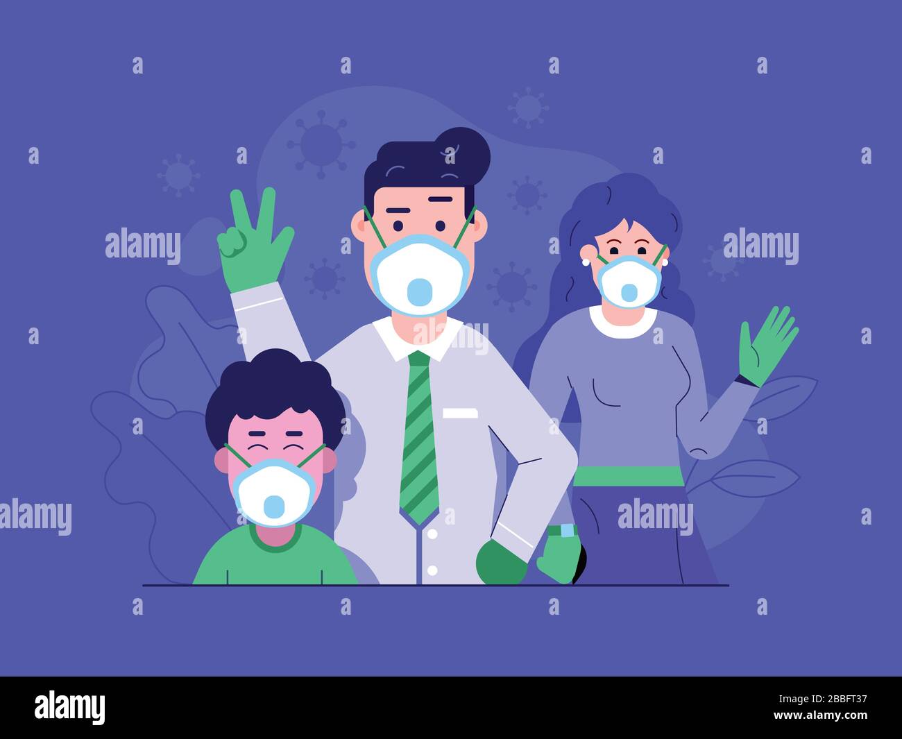Famiglia con il concetto piatto di prevenzione del virus delle maschere Illustrazione Vettoriale