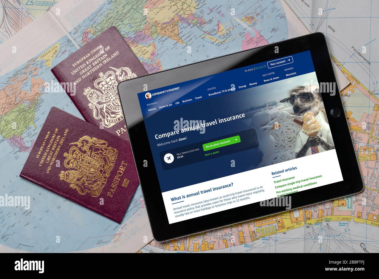 Confronta il sito Web di confronto tra le assicurazioni di Market Travel su un iPad o tablet. (solo per uso editoriale) Foto Stock