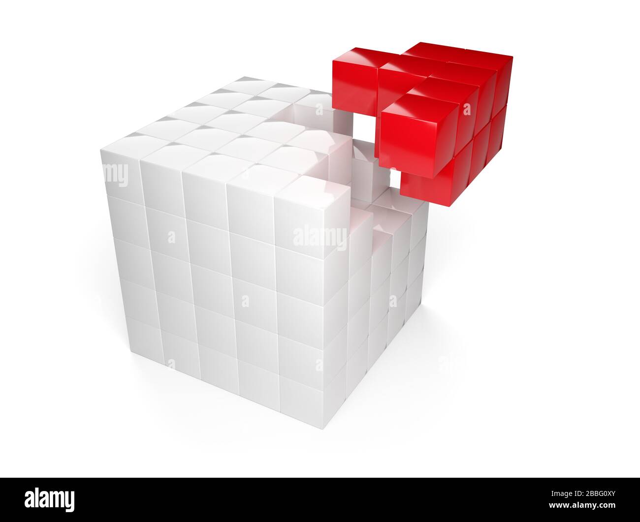 Pezzo di puzzle a cubetti rossi da cubo bianco su sfondo bianco - modulo software, concetto di lavoro di squadra o soluzione, illustrazione 3D Foto Stock