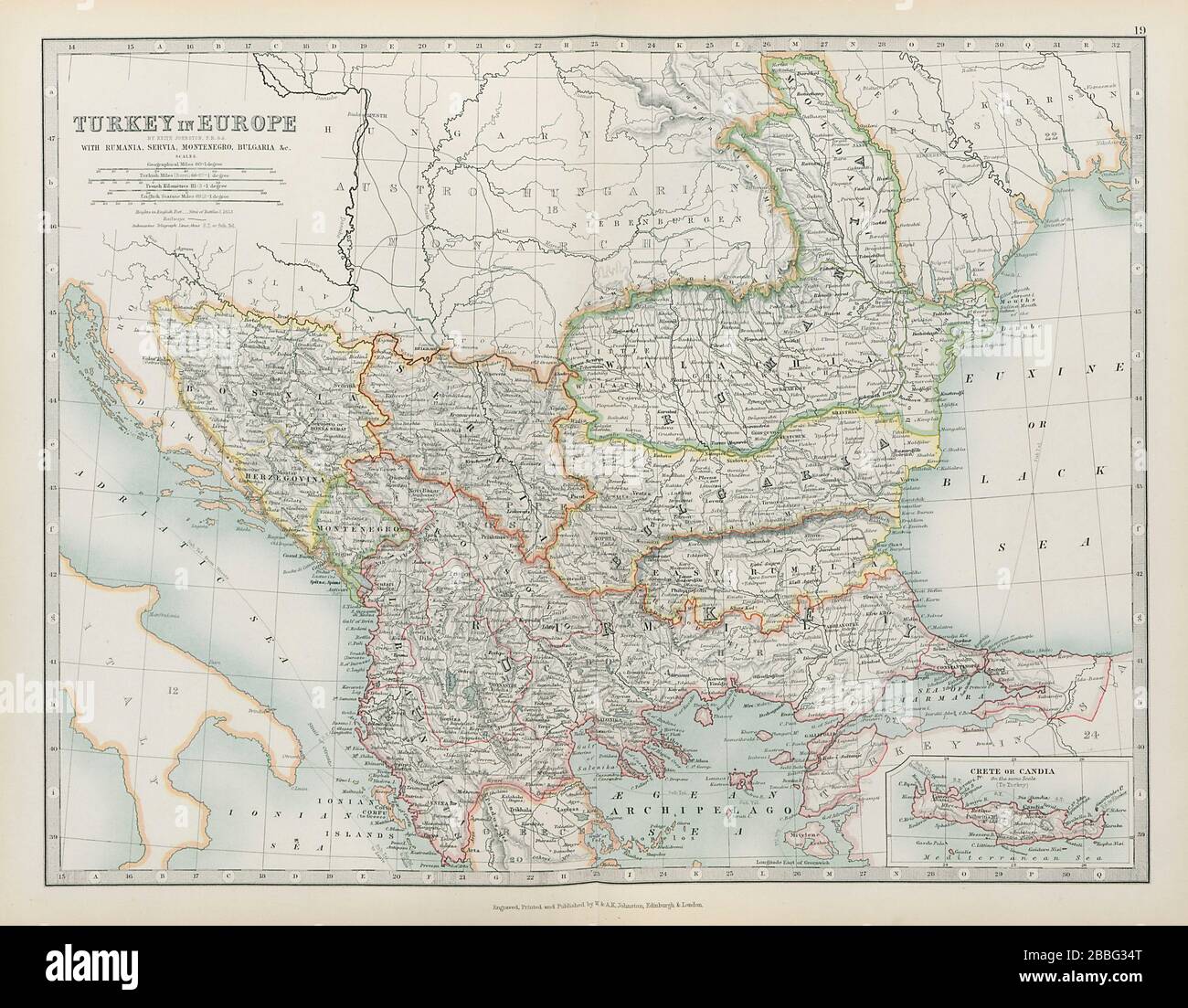 TURCHIA IN EUROPA Romania Servia Montenegro Bulgaria Balcani JOHNSTON 1901 mappa Foto Stock