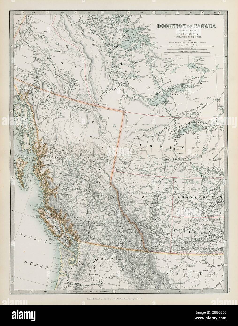 CANADA WEST British Columbia Alberta Assiniboia Mackenzie JOHNSTON 1901 mappa Foto Stock