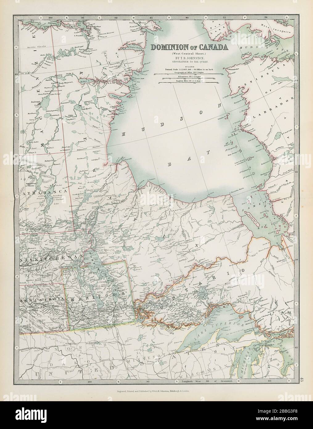 CANADA CENTRAL Upper Ontario Hudson Bay Manitoba Keewatin JOHNSTON 1901 mappa Foto Stock