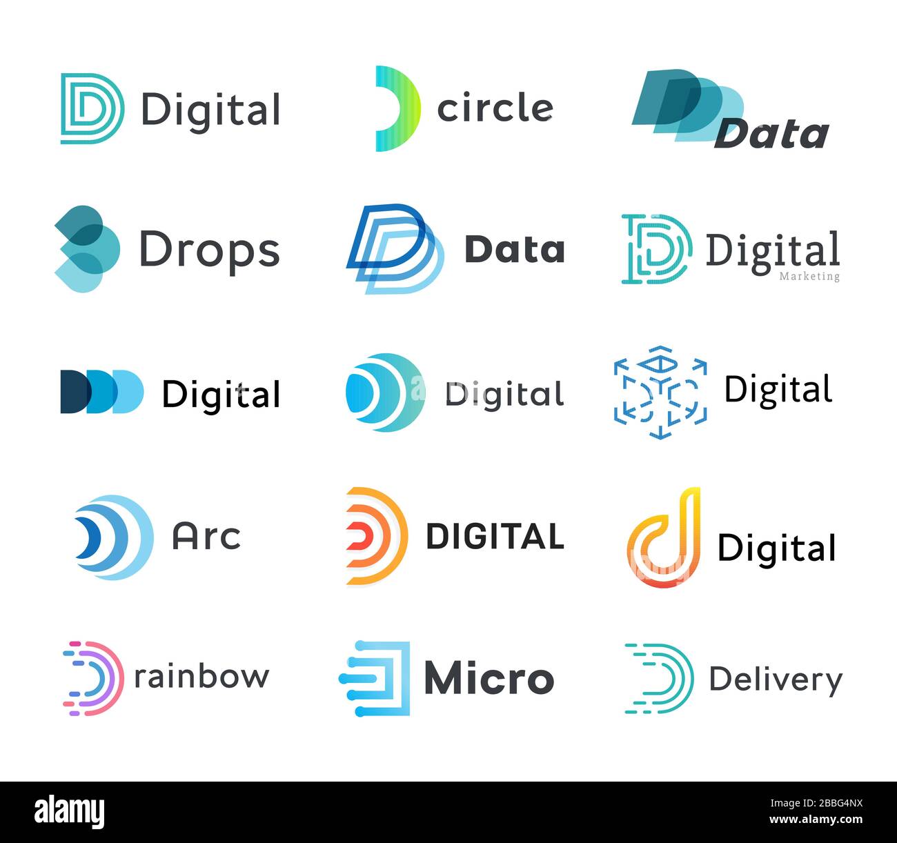 Set di modelli di logo digitali, logotipi di dati lineari creativi, moderna lettera astratta D, raccolta di simboli vettoriali per nuove attività tecnologiche. Illustrazione Vettoriale