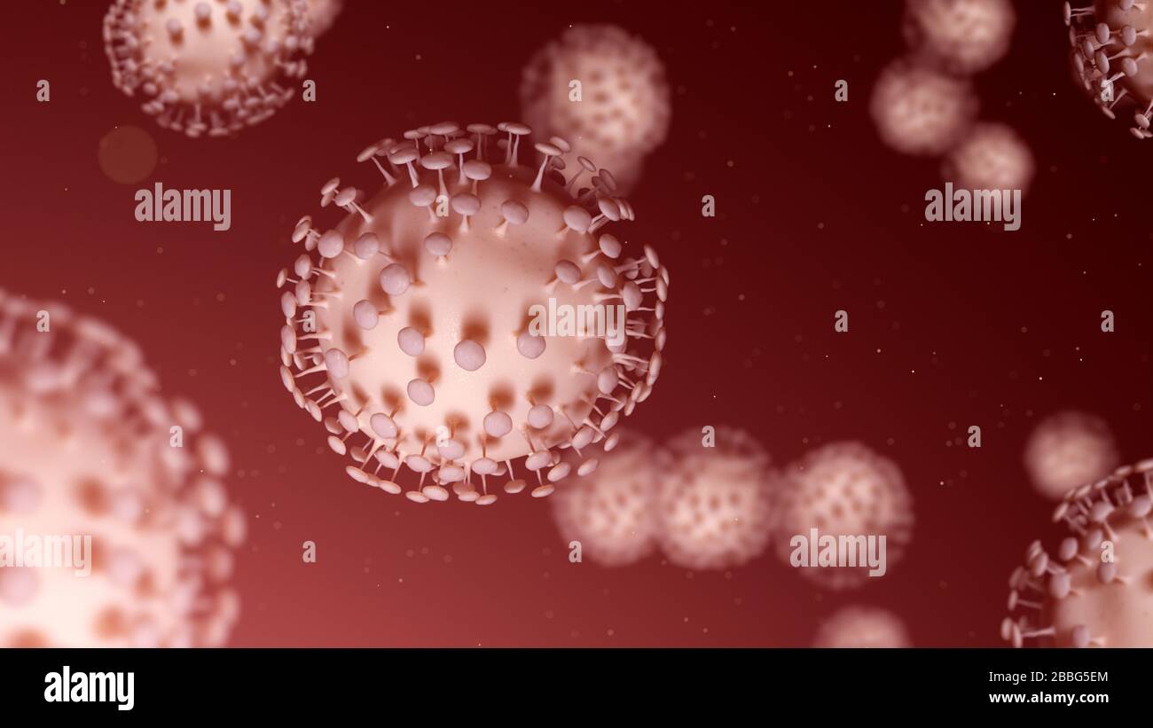Coronavirus 2019-nCov nuovo focolaio di coronavirus. Primo piano del virus del microscopio. rendering 3d. Foto Stock