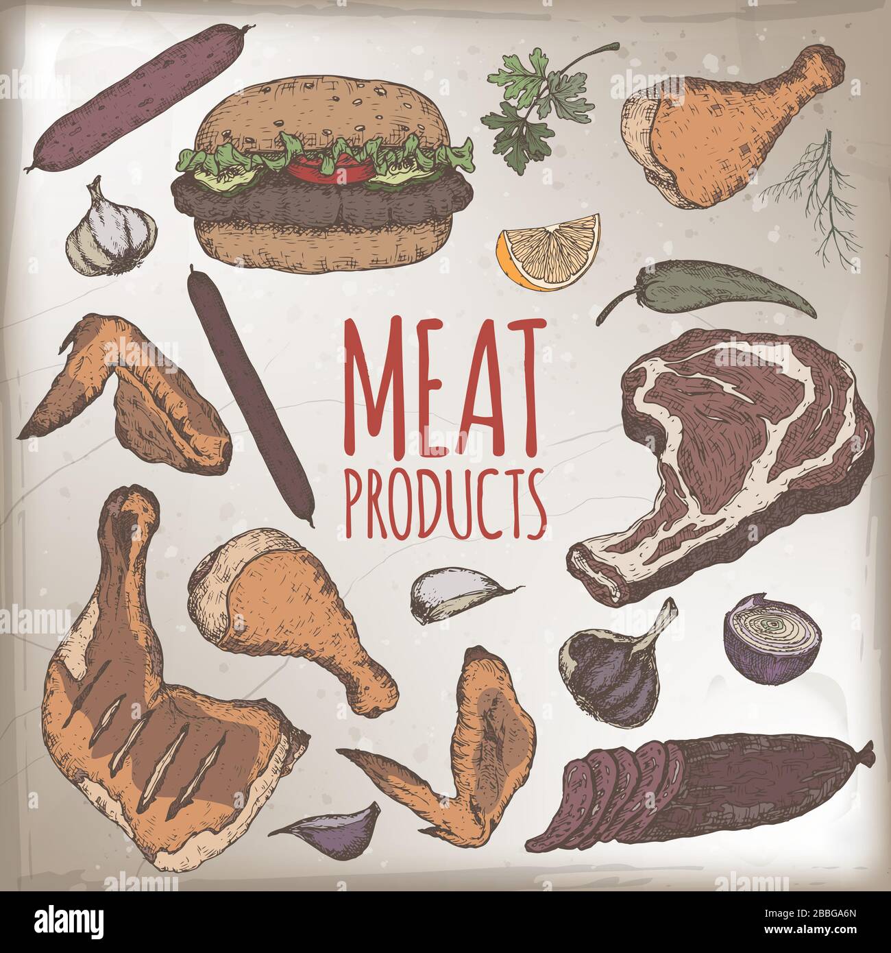 Modelli di prodotti a base di carne con schizzi di salumi, salsicce, hamburger, bistecche, pollo, verdure. Illustrazione Vettoriale