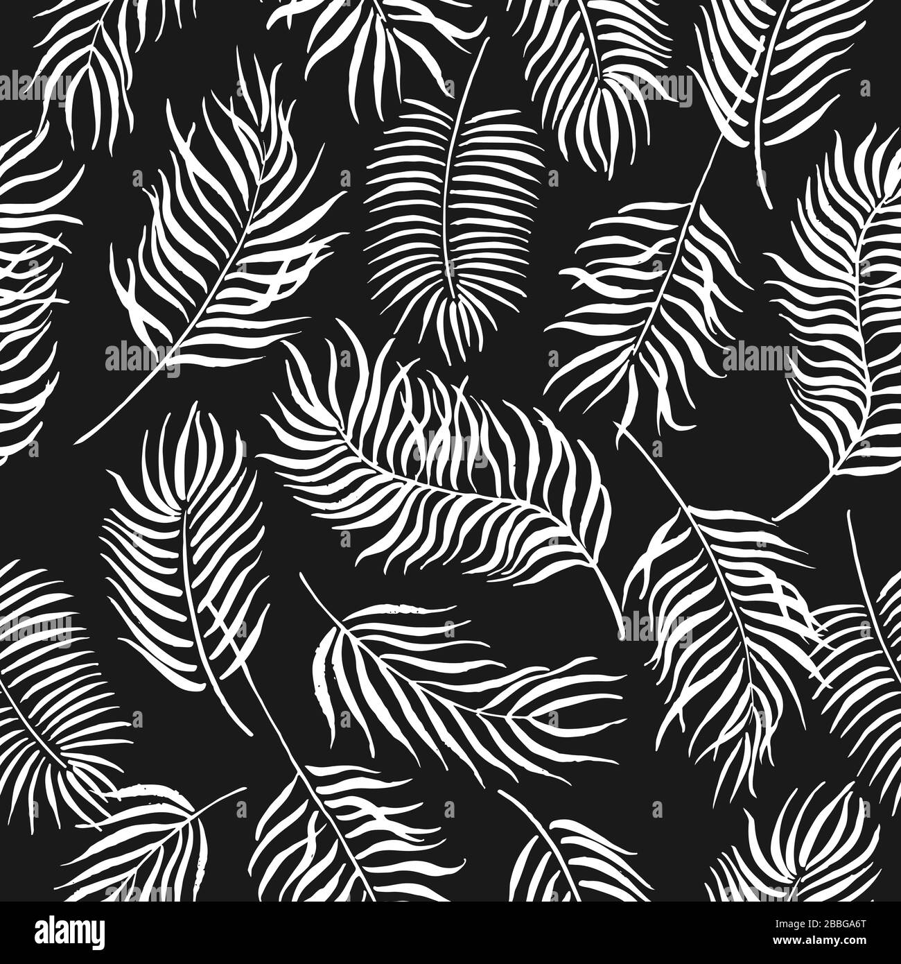 Motivo senza cuciture con foglie di palma di inchiostro dipinte a mano. Ottimo per decorazioni, motivi, biglietti di auguri. Illustrazione Vettoriale
