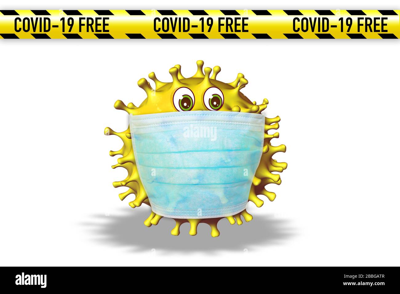 Illustrazione dei fumetti con maschera facciale sul virus Covid 19 nella zona libera di coronavirus su sfondo bianco. Concetto di protezione antivirale contro le infezioni Foto Stock