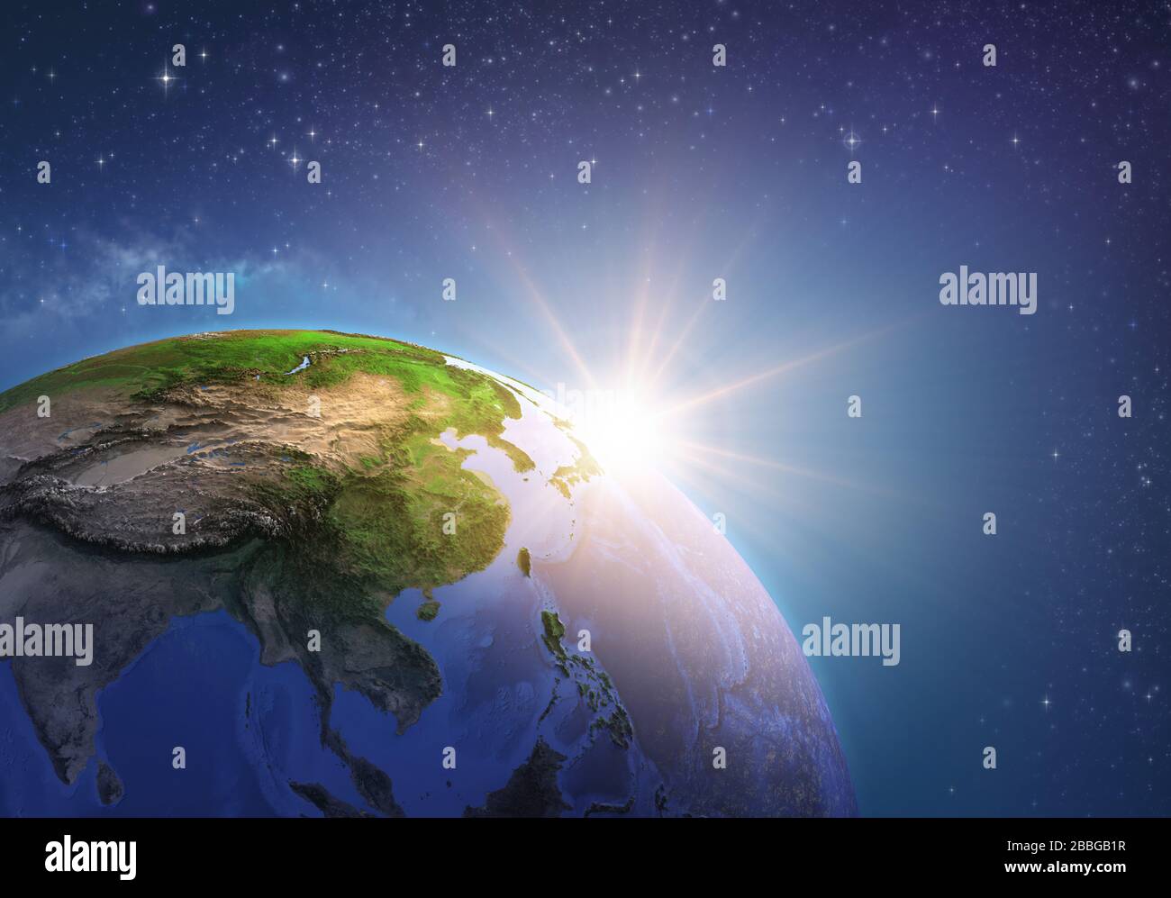 Superficie del pianeta Terra visto da un satellite, focalizzato sull'Asia orientale, il sole che sorge all'orizzonte. Mappa fisica della Cina e della Mongolia. 3D illustrat Foto Stock