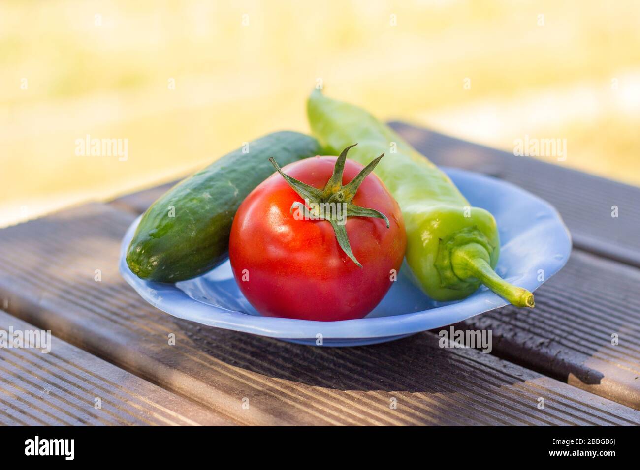 Verdure, piatto, e coltello è sul tavolo da picnic Foto Stock