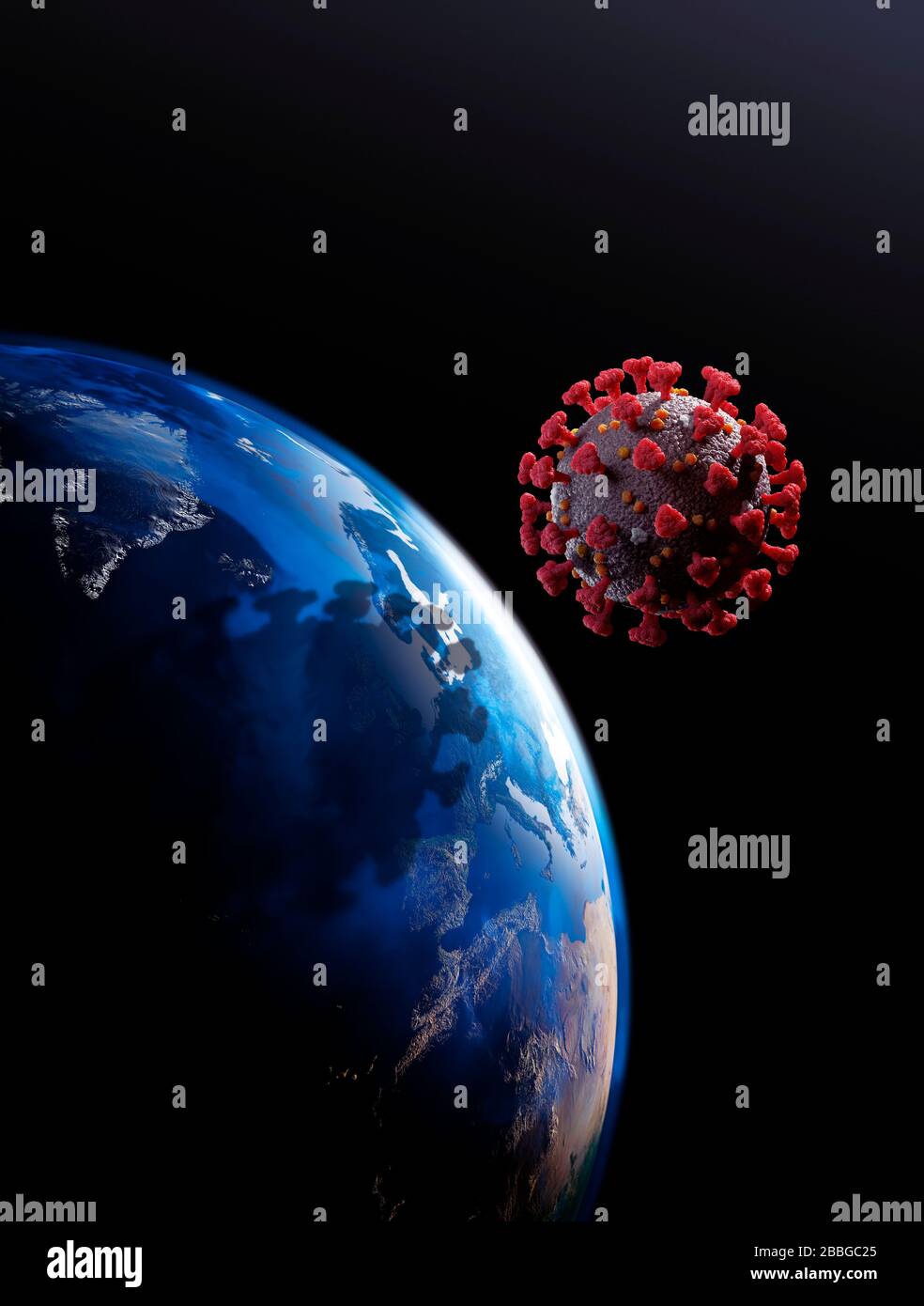 Coronavirus COVID-19 che getta ombra scura sul pianeta Terra, vista dallo spazio. Epidemia virale, illustrazione 3D concettuale. Diffusione di virus, virus pa Foto Stock