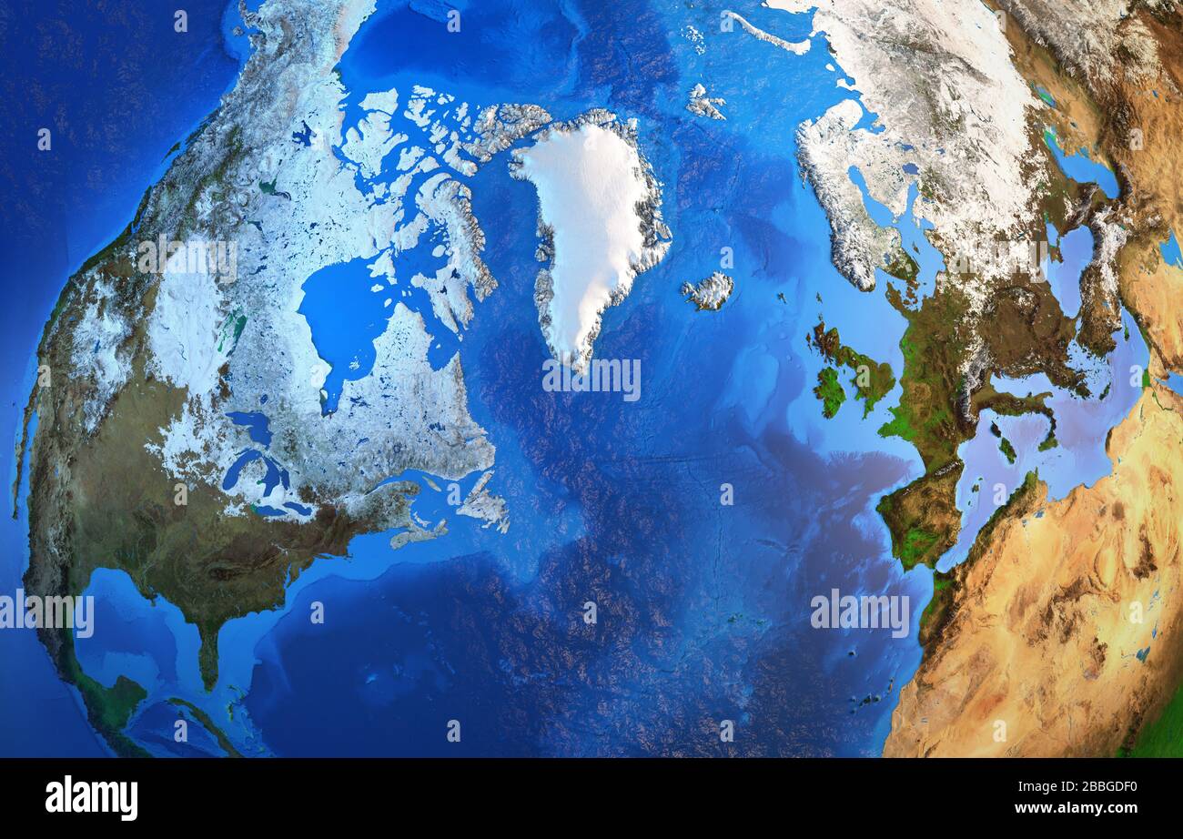 Regione artica e Groenlandia viste da un satellite. Mappa fisica del Polo Nord. Illustrazione 3D - Elementi di questa immagine forniti dalla NASA. Foto Stock