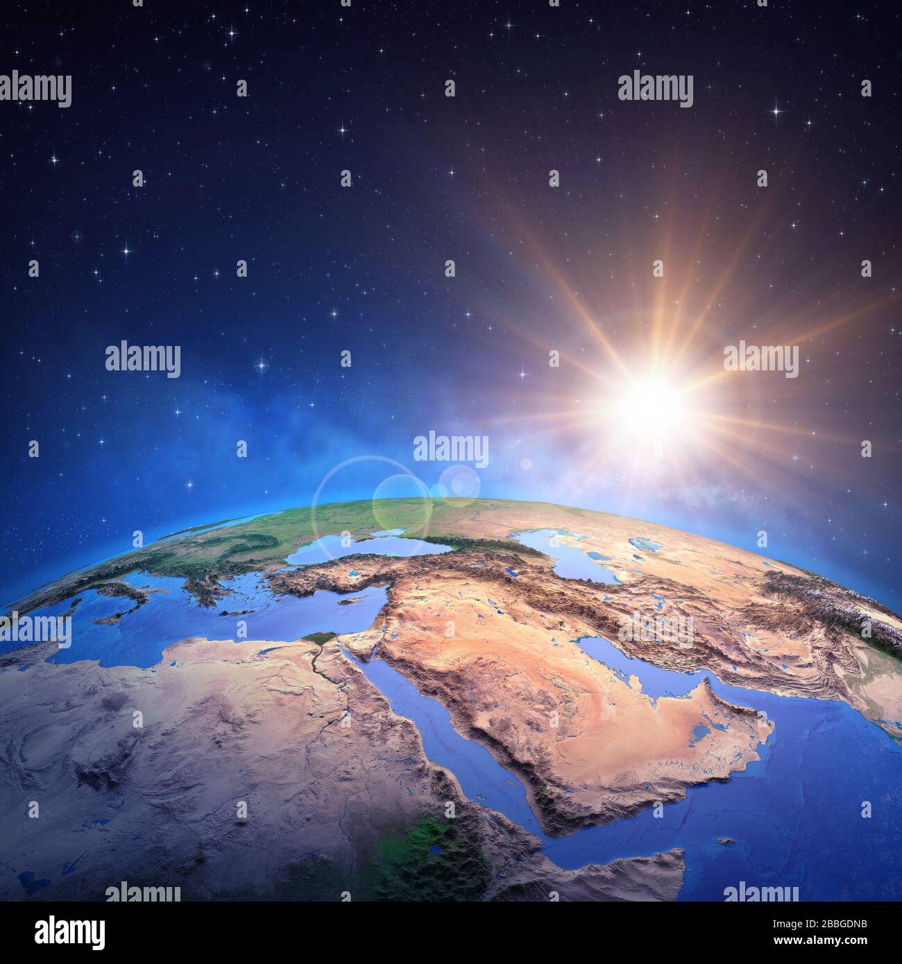 Superficie del pianeta Terra visto da un satellite, focalizzato sul Medio Oriente, il sole che sorge all'orizzonte. Mappa della regione del Golfo. Illustrazione 3D - Elementi di Foto Stock