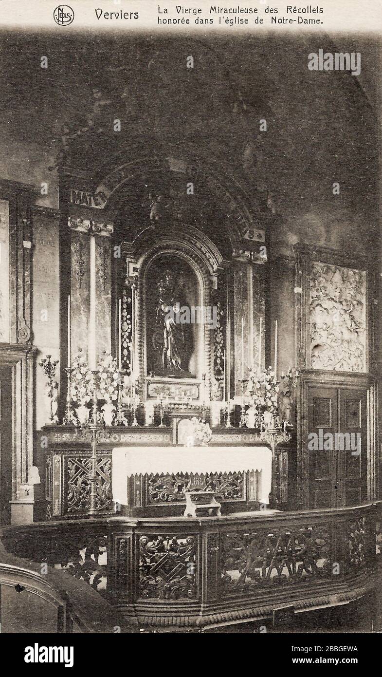 Cartolina dal 1900-1910 che mostra la Vierge Miraculeuse des Récollets nella chiesa di Notre Dame di Verviers, belgio Foto Stock
