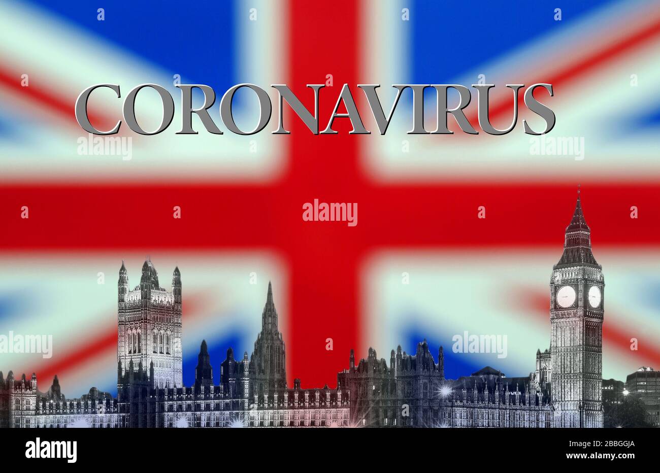 Coronavirus o focolaio di Covid 19, Inghilterra Regno Unito, composito con bandiera Jack dell'Unione britannica Foto Stock