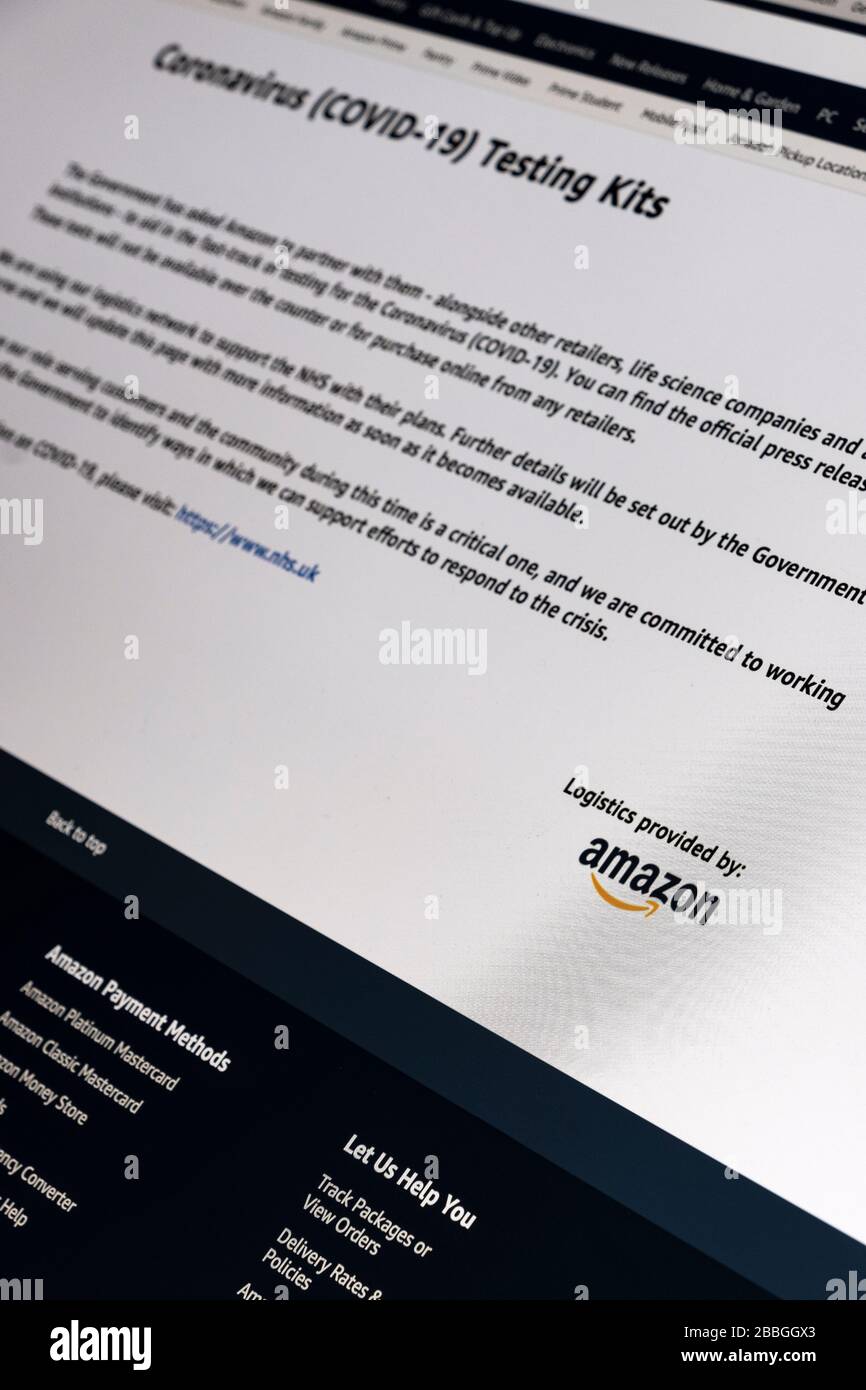 Amazon Coronavirus Covid 19 Testing Kit Notice on computer Screen Foto Stock
