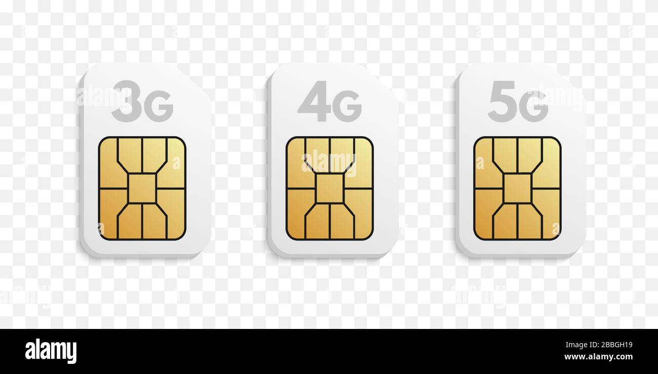 Set di tipi di schede SIM 3G, 4G, 5G. Schede telefoniche vuote realistiche  con tecnologia wireless di varie generazioni Immagine e Vettoriale - Alamy