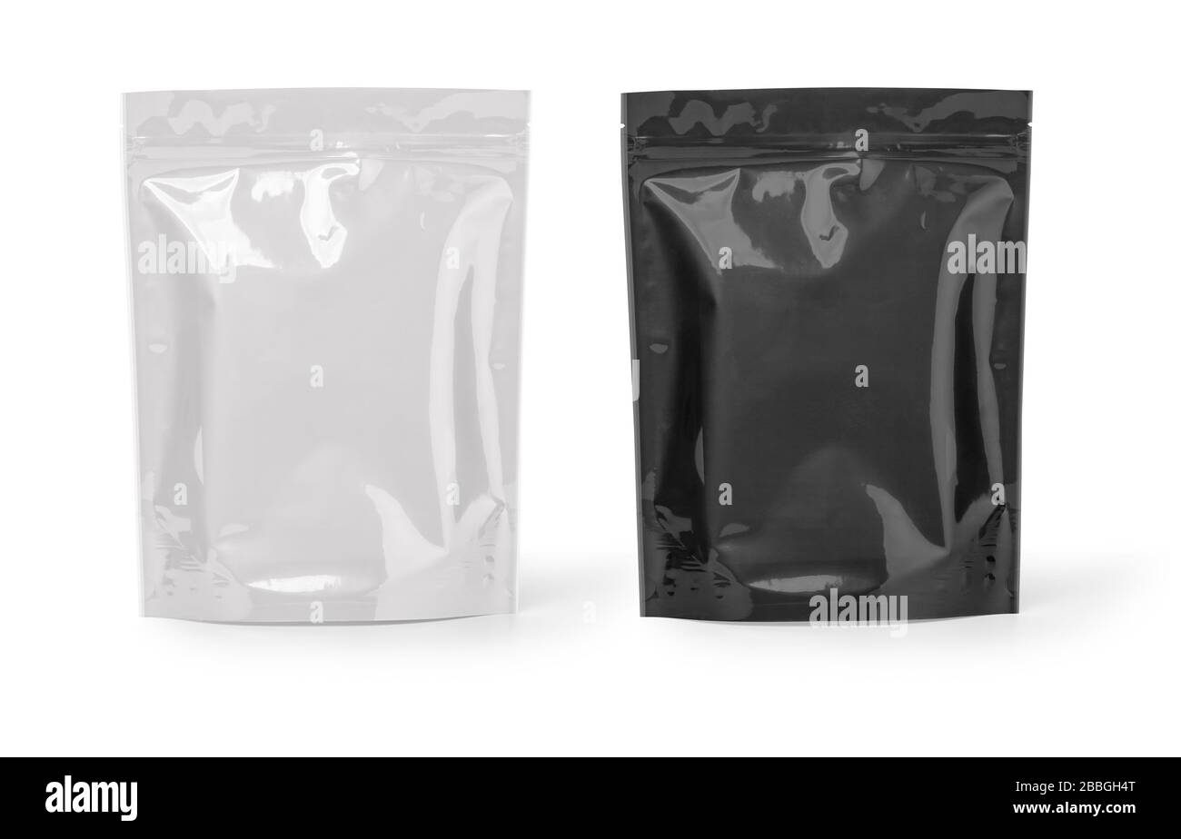 Borsa bianca in bianco e nero per caffè, caramelle, noci, spezie, pellicola autosigillante con chiusura a zip o sacchetto per alimenti in carta Packagi richiudibili con sacchetto per snack Foto Stock