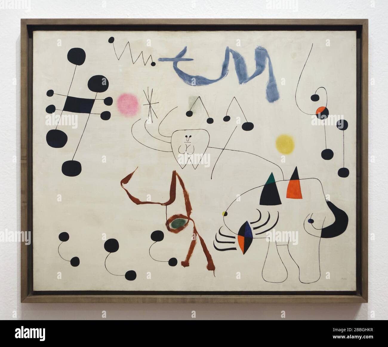 Dipinto del pittore modernista spagnolo Joan Miró intitolato 'Donna sognante di fuga' (1945) in mostra nella Fundació Joan Miró (Fondazione Joan Miró) a Barcellona, Catalogna, Spagna. Foto Stock