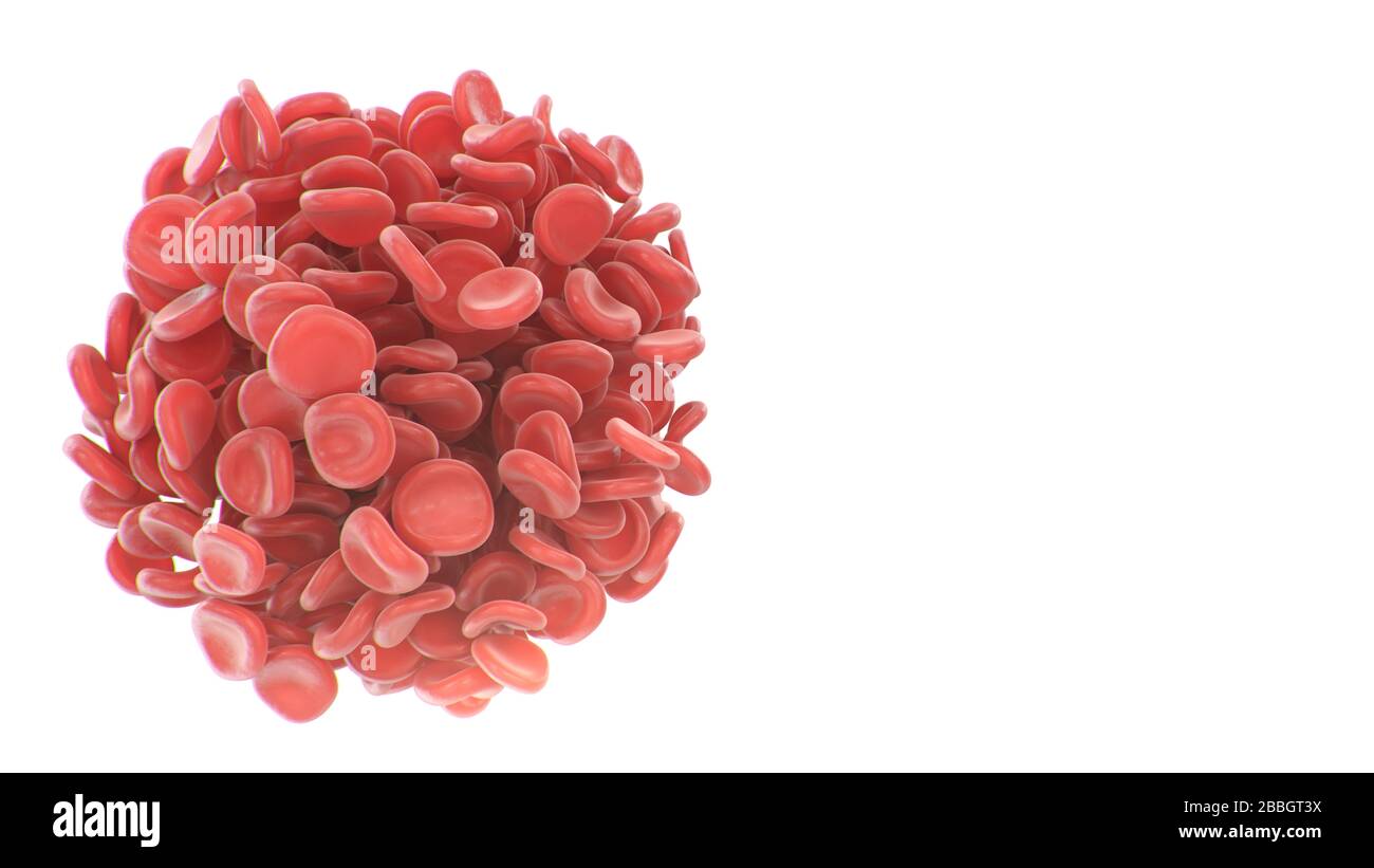 I globuli rossi astratti coagulano a forma di sfera isolata su sfondo bianco. Concetto scientifico e medico. Trasferimento di elementi importanti in Foto Stock