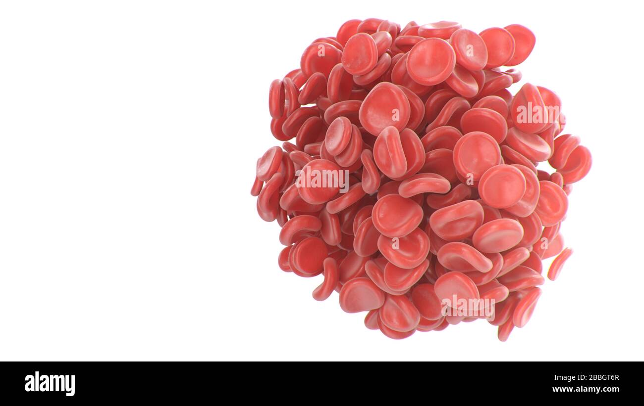 I globuli rossi astratti coagulano a forma di sfera isolata su sfondo bianco. Concetto scientifico e medico. Trasferimento di elementi importanti in Foto Stock