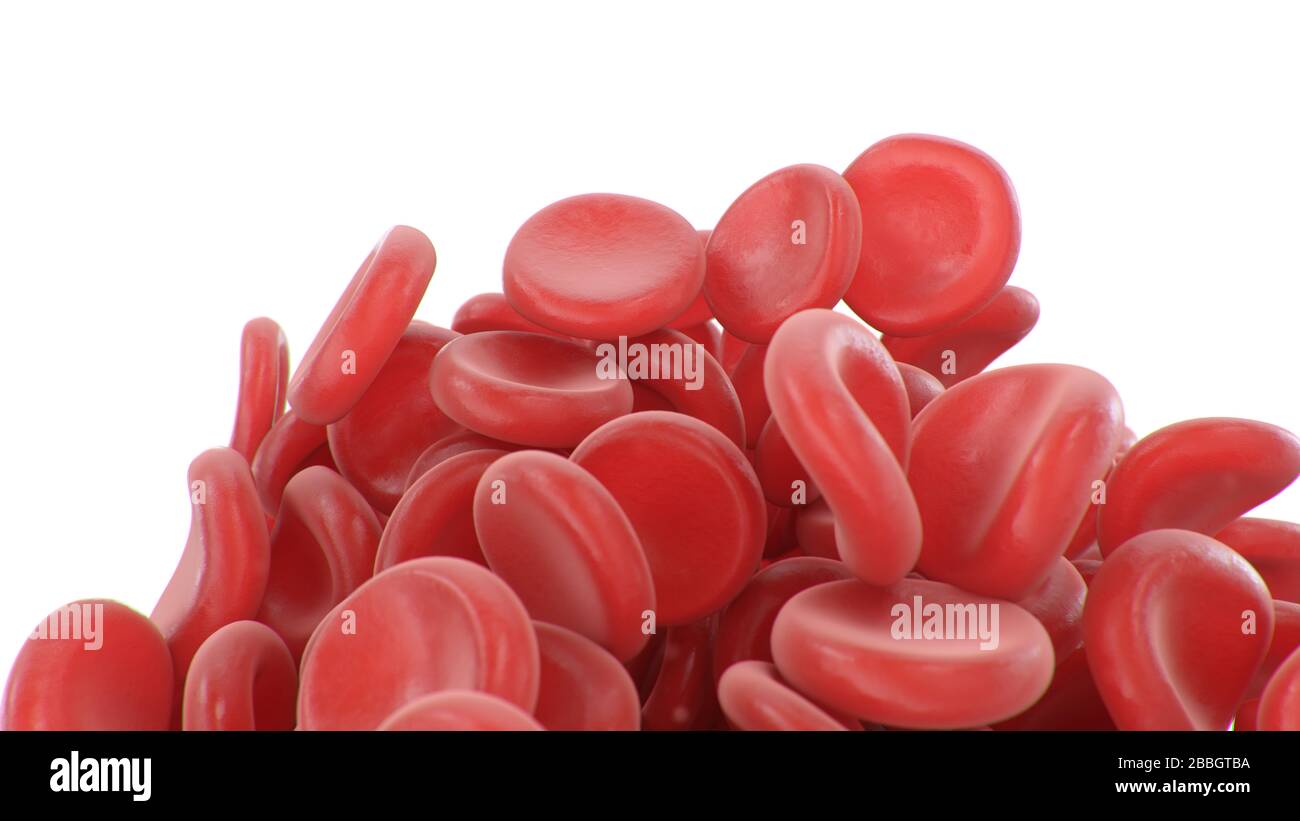 Coagulo astratto di globuli rossi isolato su sfondo bianco. Concetto microbiologico scientifico e medico. Trasferimento di elementi importanti in Foto Stock