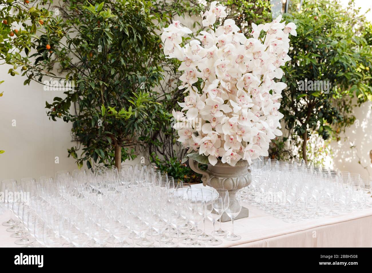 Vineglasses sul tavolo da nozze nel ristorante Foto Stock