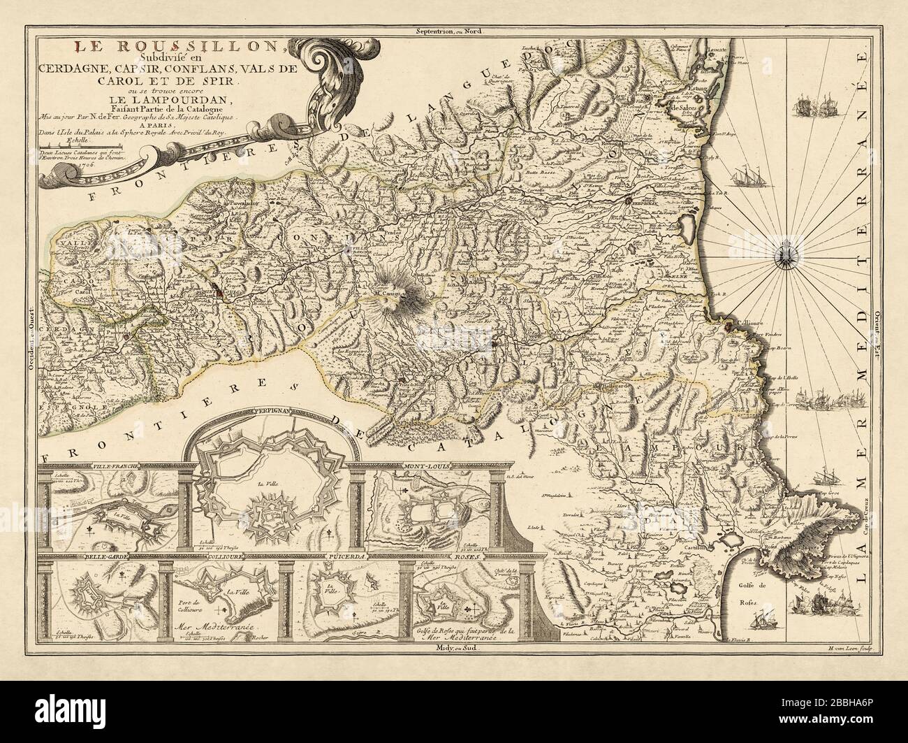 Vecchia mappa del Roussillon da incisore francese e cartografo Nicolas de Fer risalente al 1706 prima della rivoluzione francese. Foto Stock