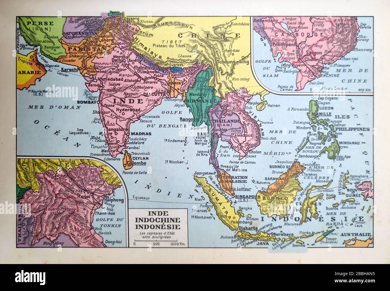 Vecchia mappa di India, Indochina e Indonesia stampato alla fine del 19th secolo. Foto Stock