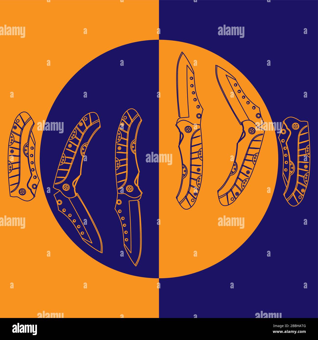 Disegno di contorno colorato immagine di sei coltelli tascabili pieghevoli in diverse posizioni su sfondo blu e arancione Illustrazione Vettoriale