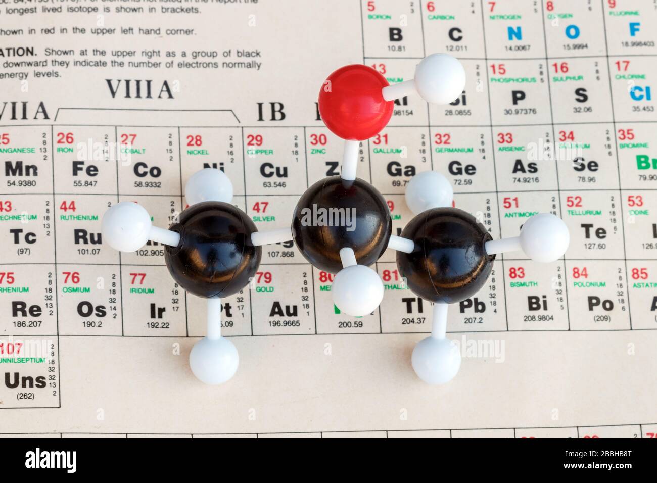 Modello in plastica a sfera di una molecola di alcool isopropilico (isopropanolo) con la tavola periodica come sfondo. Foto Stock