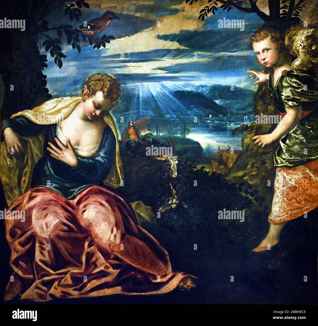 L'Annunciazione al Tintoretto di Manoah Wife1555-1559 ( Jacopo Comin ) 1518 – 1594 pittore italiano scuola rinascimentale Venezia Italia Annunciazione italiana, beata, Vergine Maria, l'annuncio da parte dell'angelo Gabriele, Maria di concepire, portare un figlio attraverso una nascita vergine, diventare la madre di Gesù Cristo, Messia cristiana e Figlio di Dio, Incarnazione, Jacopo Comin, Jacopo ROBUSTI, Foto Stock