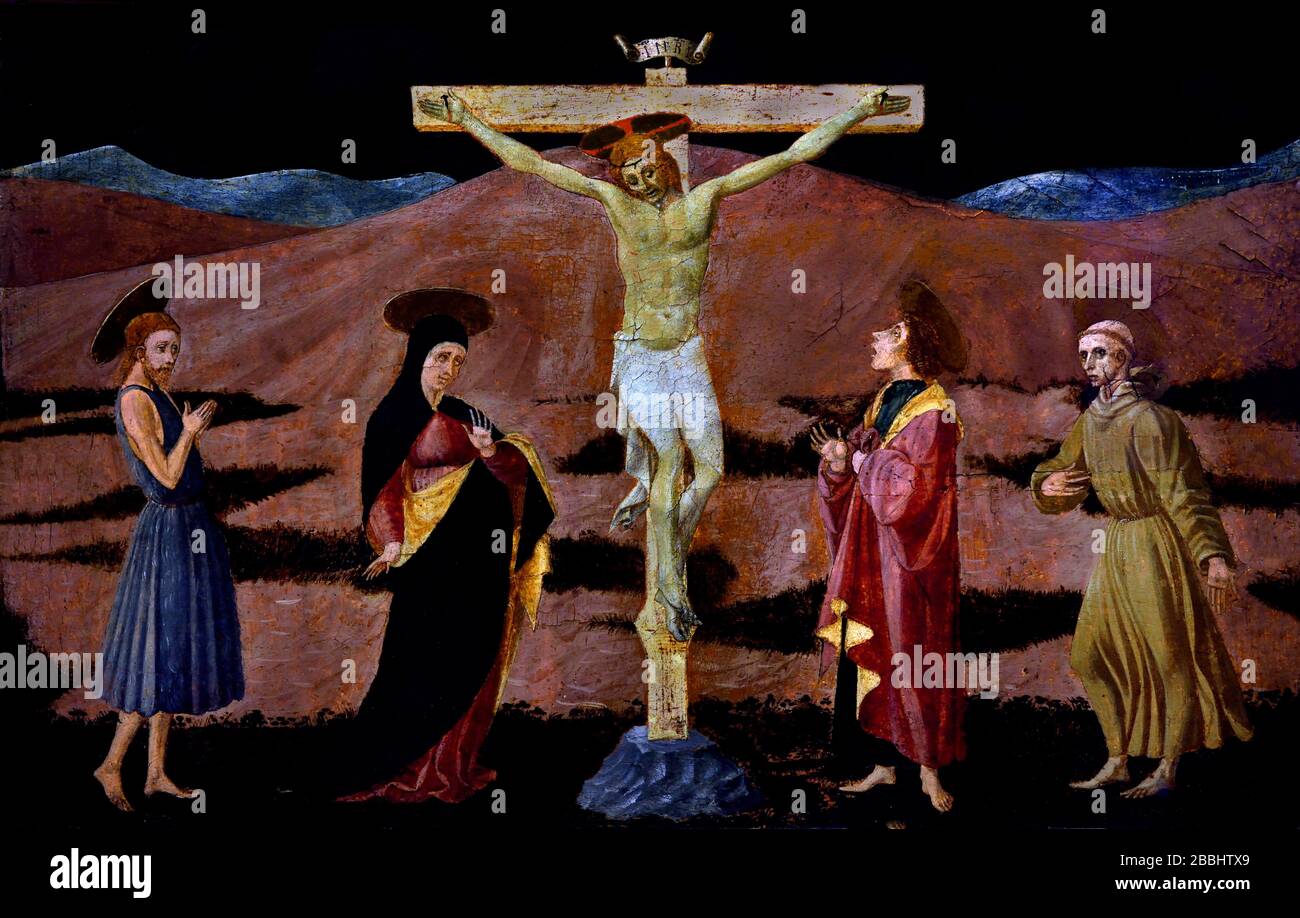 La Crocifissione con la Vergine, San Giovanni Battista, San Giovanni Evangelista e San Francesco. 1460-1465 Paolo uccello 1397 – 1475, italiano, Foto Stock