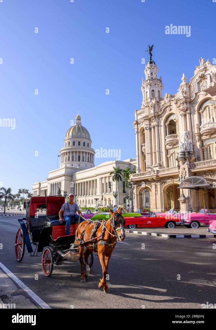 Vista da una carrozza trainata da cavalli dal Parque Central di El Capitolio, o dal Palazzo del Campidoglio Nazionale e dal Gran Teatro de la Habana, l'Avana, Cuba Foto Stock