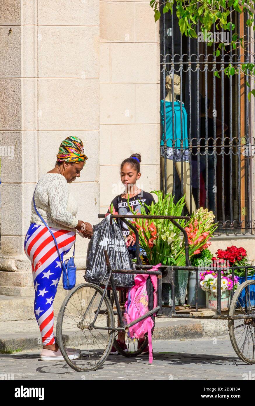 Donna che vende fiori negli Stati Uniti modello pantaloni stretch, Havana Vieja, Cuba Foto Stock