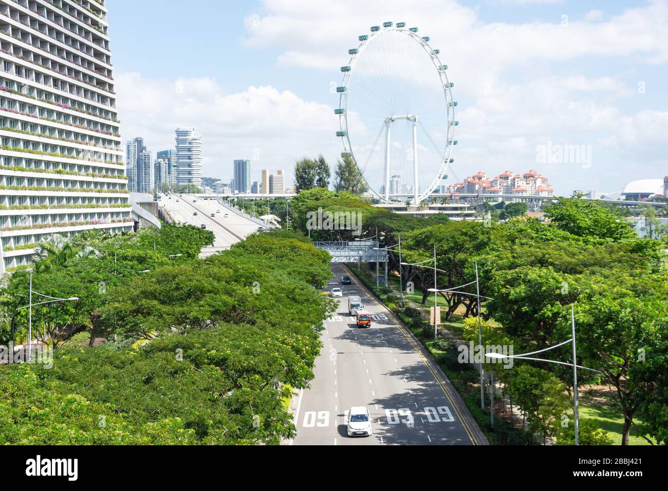 Ruota panoramica Singapore Flyer e Sheares Avenue da Gardens by the Bay, Marina Bay, Civic District, Singapore Foto Stock